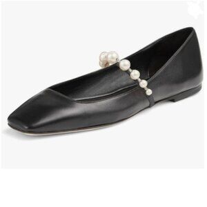 FOWT Black Square Toe Slip on Flats Pearl Studded Strap Elegant Pumps Shoes